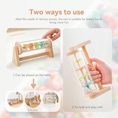 Wooden Rain Stick with Handle & Stand, Montessori Sensory Musical Rattle for Toddlers 12+ Months, Calming Rainmaker with Beads for Tummy Time & Quiet Play, Baby Shower & 1st Birthday Gift