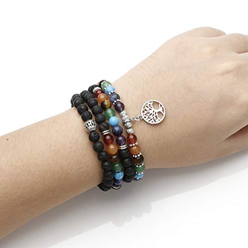 Jovivi 6mm Mala Beads 108/Lava Rock 7 Chakra Tree of Life/Hamsa/OM/Lotus/Elephant Charm Healing Crystal Bracelet Necklace