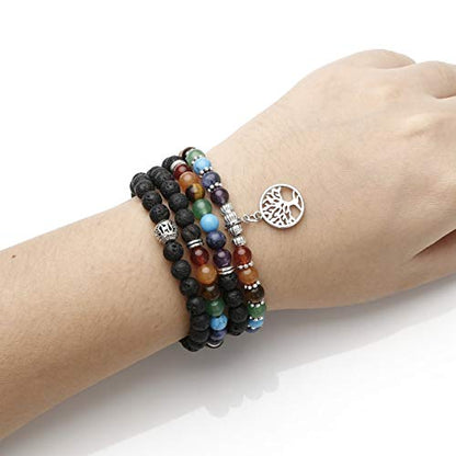 Jovivi 6mm Mala Beads 108/Lava Rock 7 Chakra Tree of Life/Hamsa/OM/Lotus/Elephant Charm Healing Crystal Bracelet Necklace