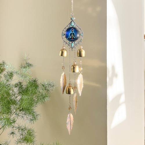 7 Chakra Meditation Pendant - Metal Leaves and Bell Sound Crisp and Pleasant, Suitable for Home Decoration in Yoga Spaces and Garden Scenes, and is The Preferred Gift for Meditators (Meditation Bell)