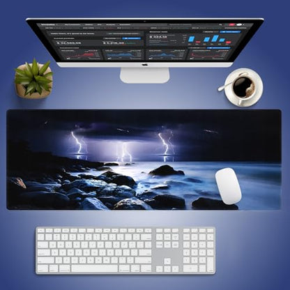 Extra Large Gaming & Office Mouse Pad (31.5" x 11.8") – Nature Lightning Summer Storm Bolts Over Rocks in Ocean Nightmare Theme Weather, Anti-Slip XXL Desk Mat with Durable Stitched Edges - color: Nightmare Theme