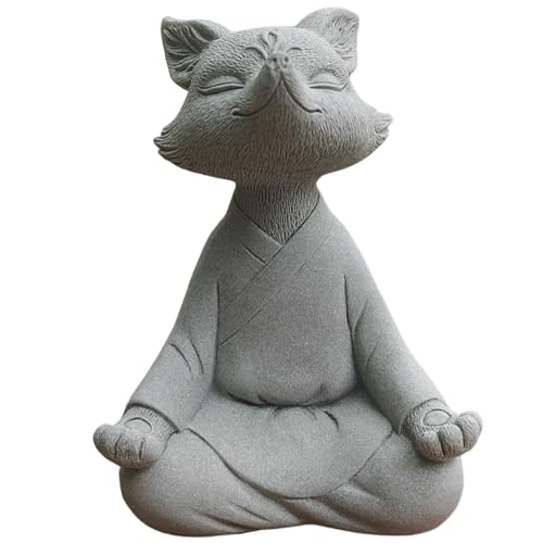 livelyfish Meditating Fox Buddha Statue Aquarium Zen Yoga Animal Figurines Sandstone Sculpture for Fish Tank Garden Tabletop Decor, L1 - size: L1