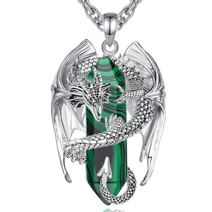 INFUSEU Unique Dragon Necklaces with Healing Crystal Stone for Men Women, Personalized Spiritual Gifts, 24 Inch Chain - color: Green Malachite