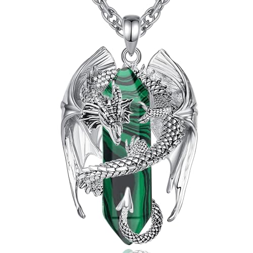 INFUSEU Unique Dragon Necklaces with Healing Crystal Stone for Men Women, Personalized Spiritual Gifts, 24 Inch Chain - color: Green Malachite