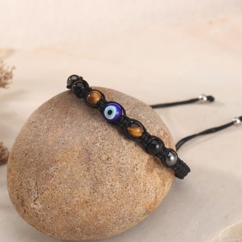 Triple Threat Protection Bracelet for Women,Evil Eye Natural Healing Crystal Beaded Bracelet for Protection - style: Evil Eye Braceet (String)