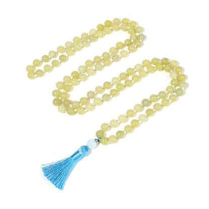 8MM Beads Chakra Long Mala Necklace Natural Stone Meditation Statement Necklace Japa Yoga Buddhist Rosary Prayer Charm Beaded Tassel Necklace - color: Lemon Jade