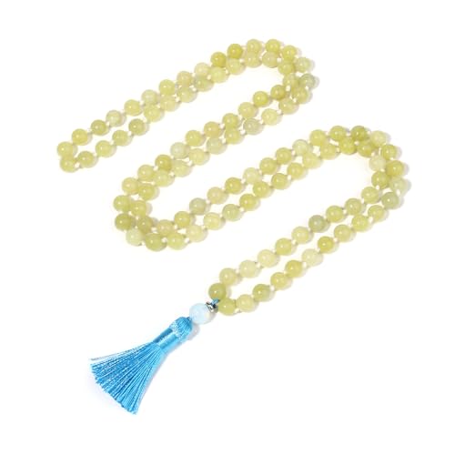 8MM Beads Chakra Long Mala Necklace Natural Stone Meditation Statement Necklace Japa Yoga Buddhist Rosary Prayer Charm Beaded Tassel Necklace - color: Lemon Jade