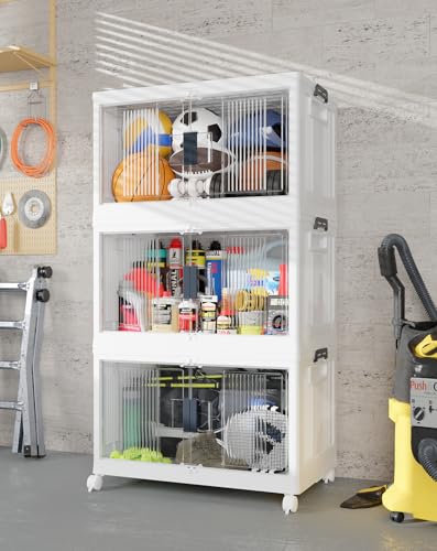 OlarHike 97QT Stackable & Lockable Storage Bins with Lids - Folding Storage Box with Doors and Wheels, Collapsible Plastic Drawers for Closets and Organization, Garage, Shelves, Gifts, 3 Pack Cubes - size: 97QT-White, style: 3Pack