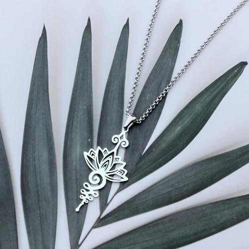 Unalome Flower Necklace Spiritual Symbol Pendant Necklace Meditation Jewelry - style: lotus necklace