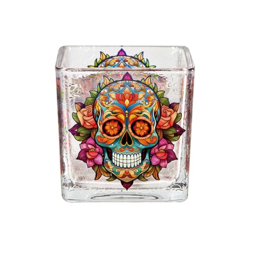 Votive Tealight Candle Holder, Square Glass Vase for Table Centerpiece Decor, Multi-Purpose Glass Cup for Home Tabletop Decor, 3.1 x 3.1 x 3.1 in Day of the Dead