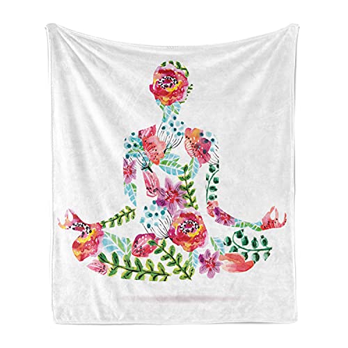 Lunarable Yoga Throw Blanket, Colorful Yoga Pose Floral Human Leaf Meditating Spring Wellness Vibrant Colors Namaste, Flannel Fleece Accent Piece Soft Couch Cover for Adults, 70" x 90", Multicolor - size: 70" x 90" for Adults