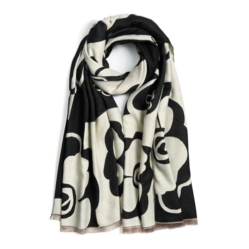 QIUTIMIY Pashmina Shawl Wraps for Womens Winter Scarf Reversible Pattern Designer Ladies Shawls and Wraps for Evening Dresses - color: Flower6-black White