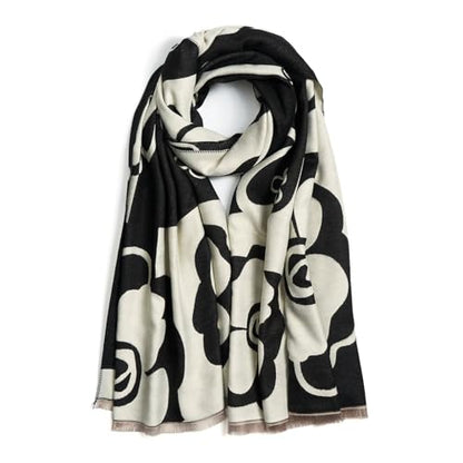 QIUTIMIY Pashmina Shawl Wraps for Womens Winter Scarf Reversible Pattern Designer Ladies Shawls and Wraps for Evening Dresses - color: Flower6-black White