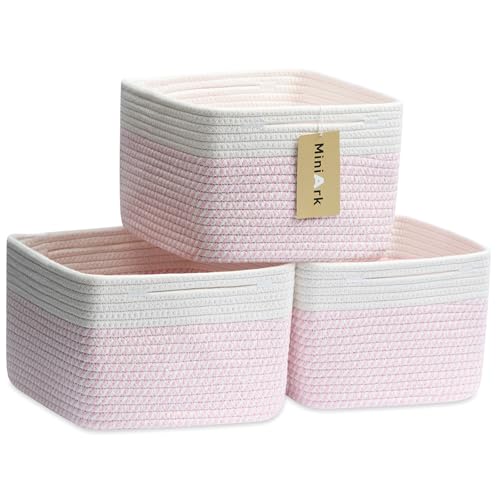 MiniArk Small Organizing Baskets for Cubes Shelf, 9.7x9.7x7.1 Inch Rope Woven Storage Bins for Nursery Shelves Storage, Cute Toy Basket, Square 3 Packs Off White Pink - color: Off White & Woven Pink, size: Square-9L (▢9.7"×9.7"×H7.1")