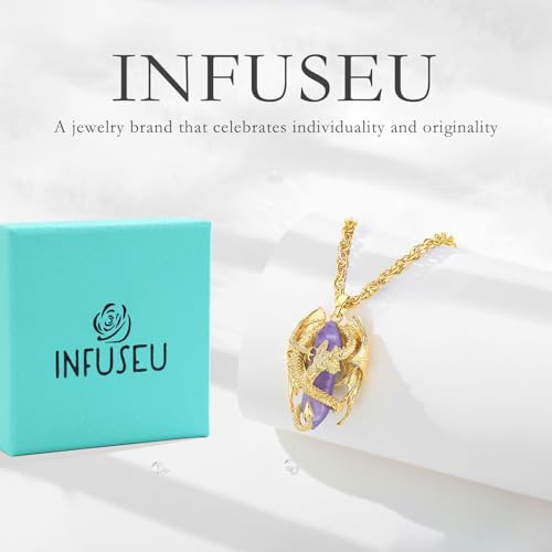 INFUSEU Unique Dragon Necklaces with Healing Crystal Stone for Men Women, Personalized Spiritual Gifts, 24 Inch Chain - color: Gold-Amethyst