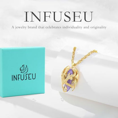 INFUSEU Unique Dragon Necklaces with Healing Crystal Stone for Men Women, Personalized Spiritual Gifts, 24 Inch Chain - color: Gold-Amethyst