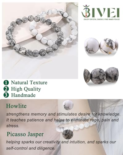 Bivei Natural Gemstone Semi Precious Healing Crystals Handmade Stretchy Round Beads Bracelet,Stocking Stuffers for Women Enhance Positive Energy - color: 8mm Howlite & Picasso Jasper (Good Sleep), size: Small: 6.5-6.7 inch