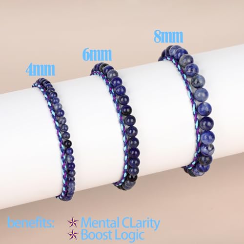 QOGIR 2pcs Handmade Healing Bracelet, Natural Gem Stone Crystal Elastic Bracelet - color: Blue Sodalite(Self Confidence), size: 4mm