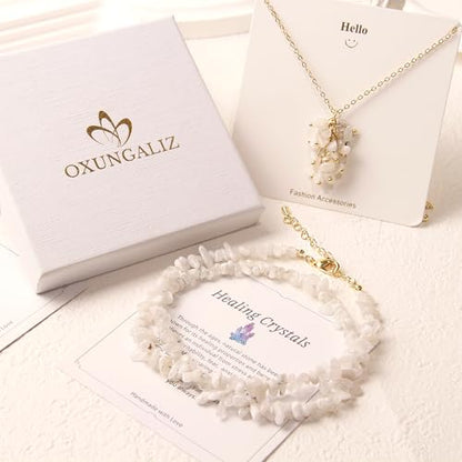 2Pcs Crystal Necklace for Women Handmade Choker Necklaces Pendant Necklace Natural Stone Gemstone Beaded Necklace 18k Gold Plated Adjustable Dainty Necklace for Women - color: Moonstone