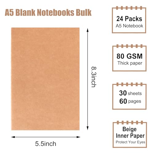 EOOUT 24 Pack Blank Kraft Notebooks, A5 Journals Notebook Bulk, Unlined Paper Sketchbooks, 8.3x5.5in 60 Pages Travel Journal Set for Journaling, Student, Kids, Writing - style: Blank-24pack