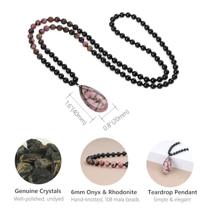 COAI Teardrop Pendant Necklace 108 Mala Stone Beaded Necklace, Prayer Beads Necklace for Women - style: Onyx & Rhodonite