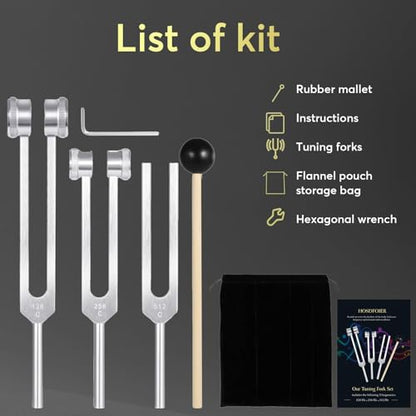Tuning Forks for Healing Set (128Hz, 256Hz, 512Hz), Weighted Tuning Fork for Sound Therapy/Meditation/Yoga and Chakra with Mallet, Storage Pouch & Instruction Manual (Silvery)