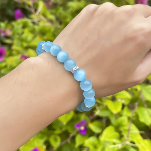 Healing Bracelet For Women Anxiety Crystal Bracelet Chakra Beaded Bracelets Rose Quartz Crystals And Healing Stones Yoga Bead Bracelet Calming Stretch Bracelet Stress Relief Gifts For Women - color: Marine Blue-Cat Eye