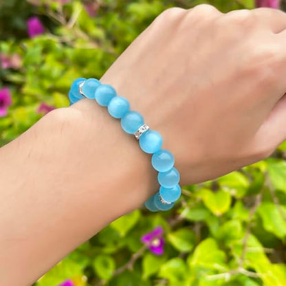 Healing Bracelet For Women Anxiety Crystal Bracelet Chakra Beaded Bracelets Rose Quartz Crystals And Healing Stones Yoga Bead Bracelet Calming Stretch Bracelet Stress Relief Gifts For Women - color: Marine Blue-Cat Eye