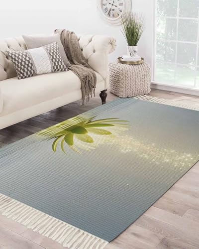Zen Meditation Lotus Floral Washable Rugs for Living Room, Area Rug for Bedroom, Green Floral Modern Art 3x5 Feet Woven Area Carpet with Tassels, Throw Carpet Rug for Bedside - size: 3x5FT