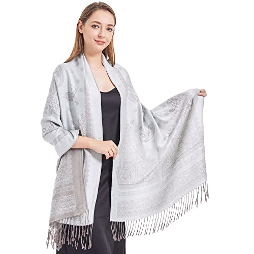 Ciormis Two Tone Silky Paisley Pashmina Shawl Scarf,Soft Women's Rave Jacquard Pashminas Wrap Scarves - color: A#.grey Paisley