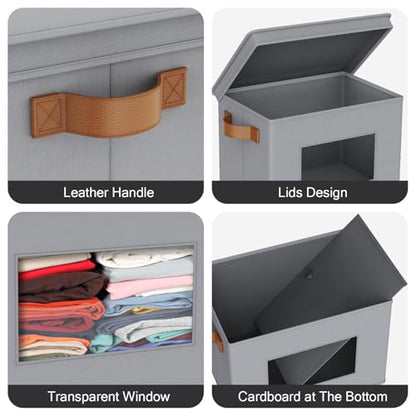 Univivi Storage Bins with Lids Collapsible Foldable Closet Storage Boxes for Clothes [3-Pack] Containers boxes with Handles Closet Storage for Home, Office, Bedroom (Grey,17" x 12"x 12")