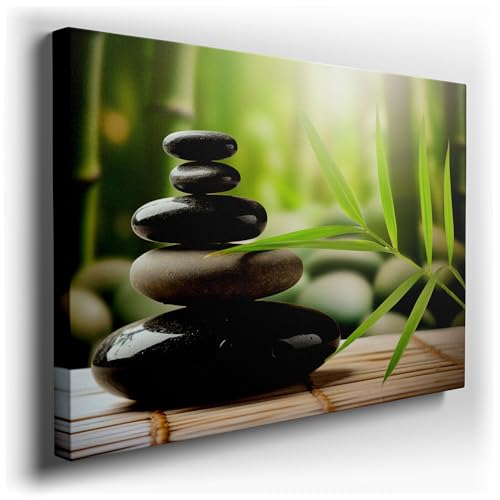 Canvas for Living room. Zen Balance - Stacking Stones and Bamboo Leaves Conjure Serenity and Harmony, 27 x 18 inch Canvas Wall Art - Ready to Hang - 69x46 cm (27x18 inch)