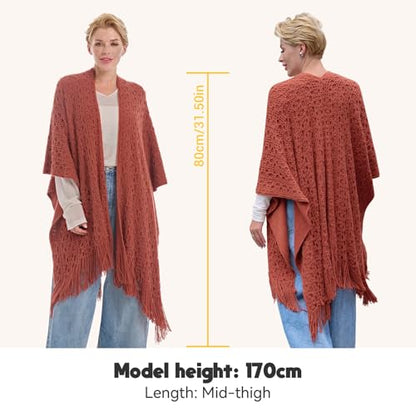 MissShorthair Knit Shawl Wraps for Women Boho Crochet Shawls Cape Open Front Cardigan - color: Rust Red