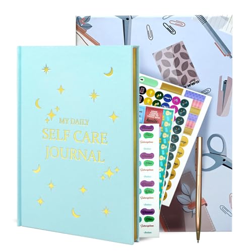 Gratitude Journal with 6 Inspirational Stickers and Ballpoint Pen, Daily Reflection Journal for More Happiness, Mindfulness & Affirmation, Self Care Journals for Women & Men,Blue - color: Blue