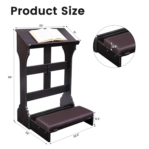 Foldable Prayer Kneeler, Wooden Prayer Bench with Cushion Pad, Rounded Corner Bookend, Reinforced Steel Tube Base and Customizable Cross Decoration, (Dark Brown)