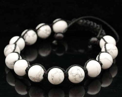 ElisaJewelryArt - Natural Black Onyx Beaded Bracelet Genuine Gemstone Strenght Crystal Macrame Bracelet Unisex Bracelet - color: Howlite, size: MEN