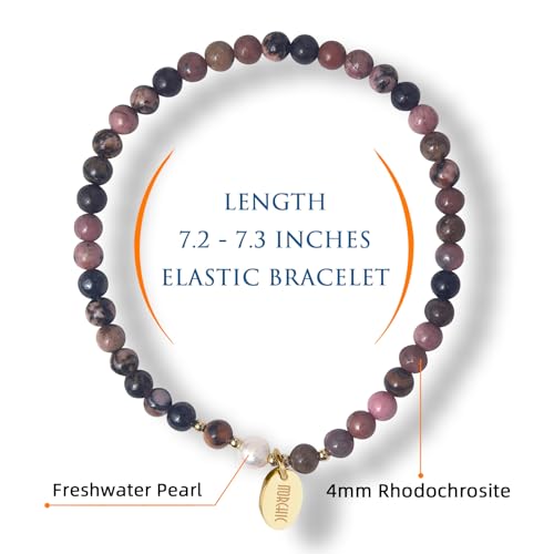 4mm Natural Gemstone Beads Stretch Bracelet for Women, With Freshwater Pearls, Energy Gem Birthday Gift for Her 7.2” - color: Rhodonite