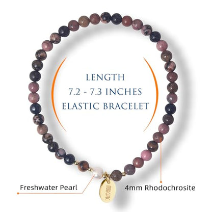 4mm Natural Gemstone Beads Stretch Bracelet for Women, With Freshwater Pearls, Energy Gem Birthday Gift for Her 7.2” - color: Rhodonite