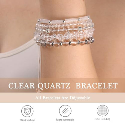 5Pcs Healing Crystal Bracelet for Women Men, Handmade Adjustable Gemstone Bracelets Beaded Reiki Energ Bracelet Set Jewelry Gifts for Women Men - color: Clear Quartz