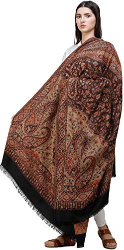 Exotic India Reversible Jamawar Shawl with Woven Paisleys - Wool - color: Caviar Black