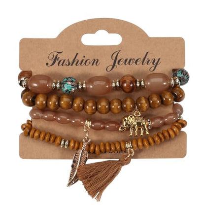 Caiyao 4Pcs Bohemia Multilayer Stackable Elephant Leaf Tassel Bracelets Colorful Wooden Resin Beaded Stretch Bracelets for Women Men Summer Beach Boho Vacation Hawaii Jewelry Gifts - style: StyleC