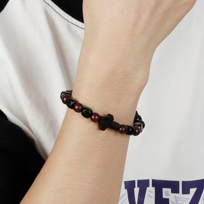 MILAKOO Wooden Bracelet with Black Stainless Steel Cross Charms Bead Christian Gifts for Women Men - color: D3