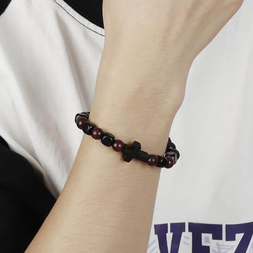 MILAKOO Wooden Bracelet with Black Stainless Steel Cross Charms Bead Christian Gifts for Women Men - color: C3
