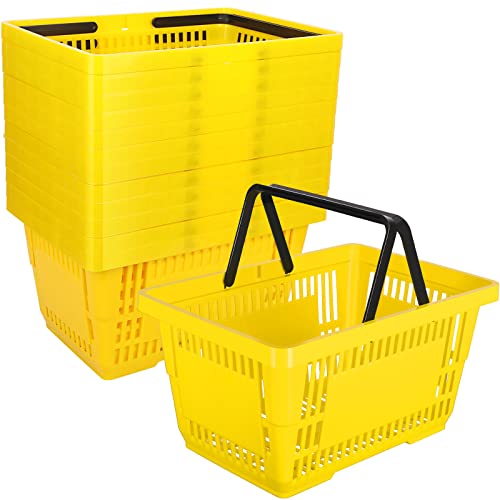 12 Pcs Shopping Baskets 20 L Plastic Store Retail Baskets with Handles 16.9 * 11.8 * 9.1 Inches for Market Grocery Supplies Thrift Convenience Storage(Yellow) - color: Yellow