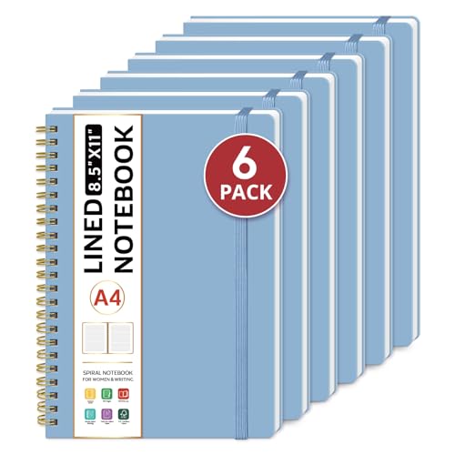 Taja Spiral Lined Notebook, 8.5"x11" Notebooks for Work, 6 Pack, Large A4 Journal for Women & Men, College Ruled Journaling Notebook for Writing, 6 Pcs, Plastic Cover Spiral Journal, Blue - color: C-Blue, style: A - Lined（6Pack）