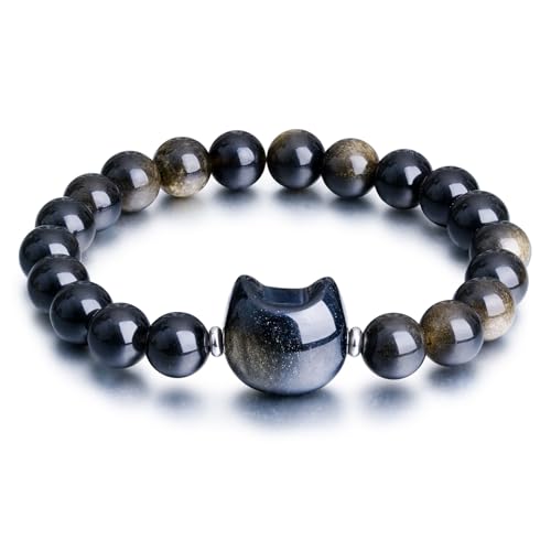 Beaded Bracelets for Women, Black Obsidian Money Attraction Bracelet, 8mm Healing Relax Anxiety Luck Crystal Bead Bracelets, Adjustable Jewelry Feng Shui Stretch Bracelet Cat Lover Gifts for Women Men