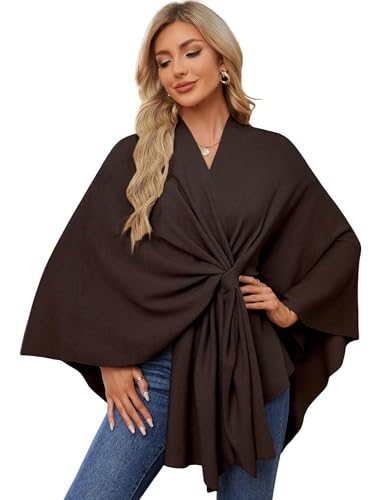 PULI Women's Elegant Shawl Wraps Soft Open Front Poncho Sweater for Spring Fall Winter - color: Front Tab-chocolate Brown