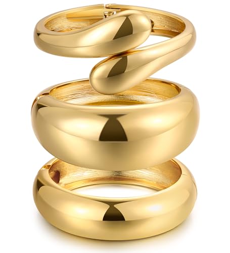 Chunky Gold Bangle Bracelets for Women, Dainty 14k Gold Plated Big Stackable Bangles Set, Trendy Statement Cuff Bracelet Stack Fashion Jewelry Gifts - style: 3 Big chunky bangles