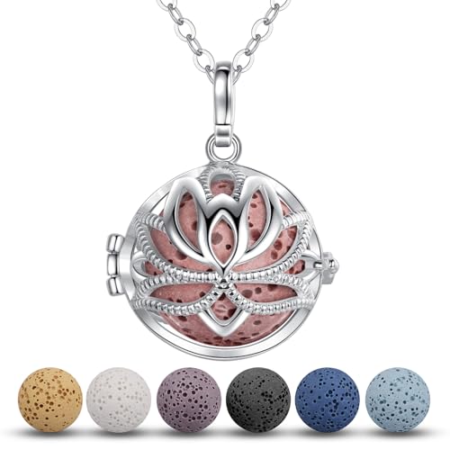 INFUSEU Essential Oil Necklace Lotus Flower Aromatherapy Pendant Scent Diffuser Anxiety Jewelry Spiritual Meditation Gifts Stash Lava Rock Stone Holder Cage