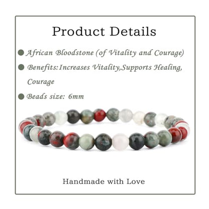 Bymitel Handmade Reiki Gemstone Stretch Bracelet, 4/6/8mm Natural Beauty & Spiritual Essence, Crystal Healing for Unisex Adults - color: African Bloodstone（ Stone of Vitality and Courage ）, size: 6mm